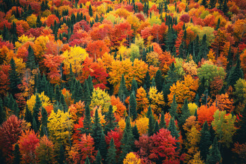 Aerial view of an autumn forest glowing with vibrant hues of oranges reds and golds a breathtaking tapestry of colors covering the landscape