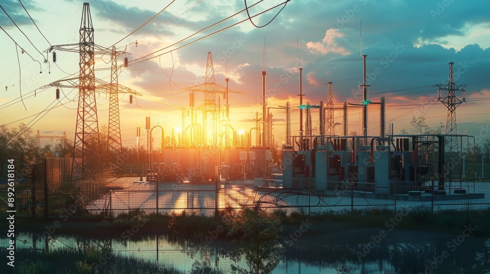 Poster an electric substation with transformers and high-voltage equipment, critical for distributing power