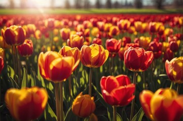 Obraz premium Vibrant field of tulips bathed in golden light of setting sun showcases red and yellow hues of popular flowers
