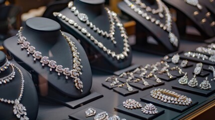 Fototapeta premium An elegant display of various diamond jewelry pieces, including necklaces, earrings, and bracelets, showcasing luxury