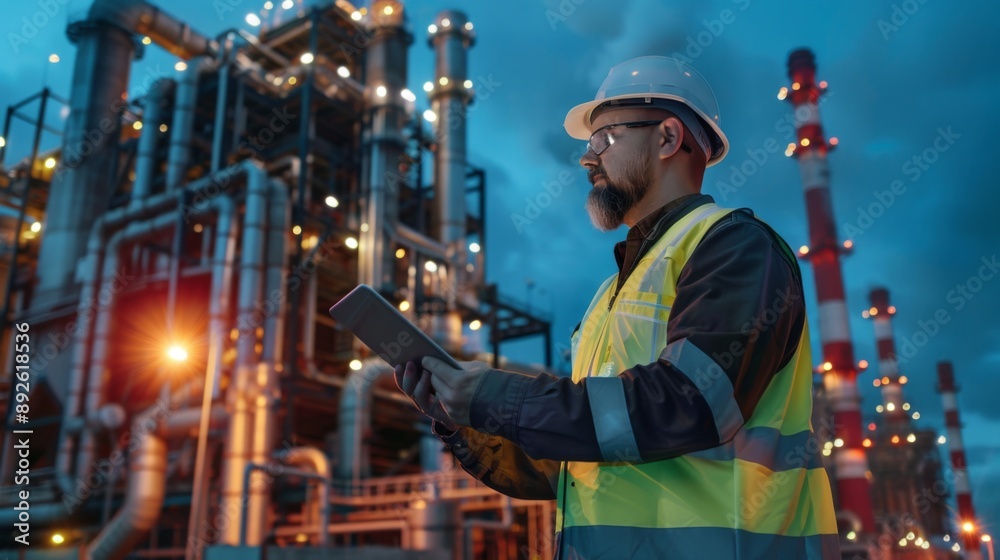 Poster an engineer holding a tablet, standing in front of a modern power plant, representing technological 