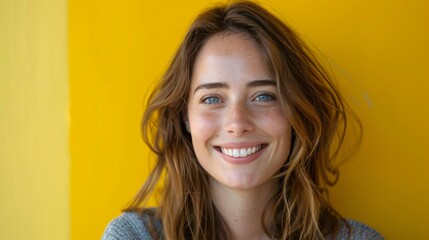 Naklejka premium Happy 30s Woman with Straight Hair and Bright Smile on Isolated Background