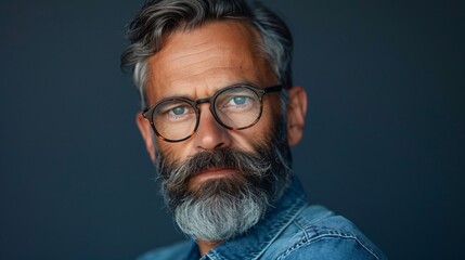 Obraz premium Serious Middle Aged Man with Beard and Glasses in Isolated Setting
