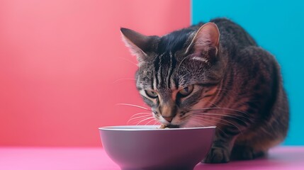 The cat on a colored background eats food from a bowl
