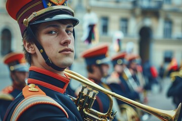 A man proudly holds his instrument, dressed in a crisp marching band uniform, ready to perform. The uniform is adorned with shiny buttons and a hat, completing the marching band look.