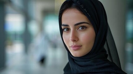 Professional mid-aged hijab Muslim woman, clean minimal office workspace, seeing in camera, white setting, close-up frontal shot, professional photography.