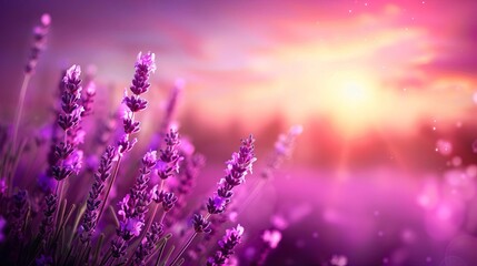 Naklejka premium Enchanting Lavender Field Beneath a Dreamy Purple Twilight Sky A Serene Landscape Capturing Natures Tranquility and Beauty