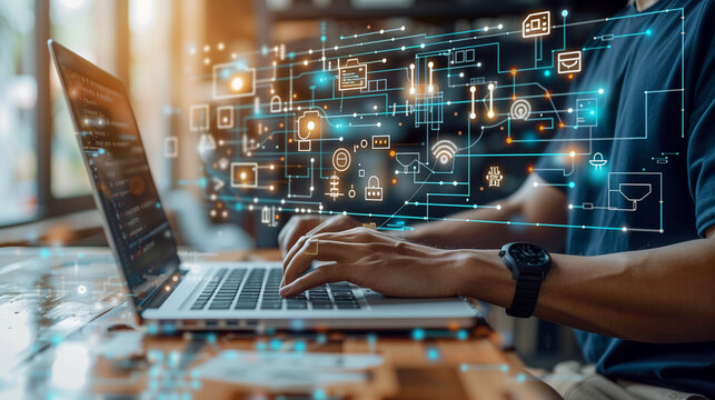 a programmer coding for IoT devices on his laptop, with JavaScript code and circuit diagrams floating on the virtual screen around him. This visual captures the essence of software