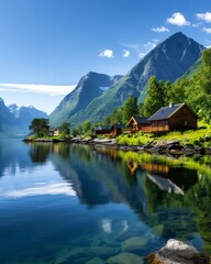 Fototapeta premium Explore the Charm of a Traditional Norwegian Village Nestled Amongst Majestic Fjords and Authentic Wooden Houses