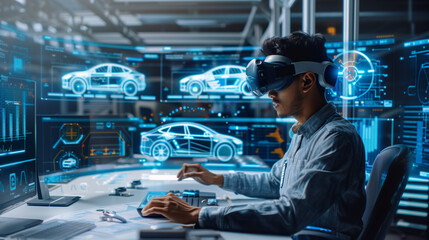 featuring an engineer in a futuristic workspace using augmented reality to visualize and manipulate electric car designs, with immersive graphics and data analysis tools, perfect f