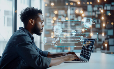 a programmer coding for IoT devices on his laptop, with JavaScript code and circuit diagrams floating on the virtual screen around him. This visual captures the essence of software