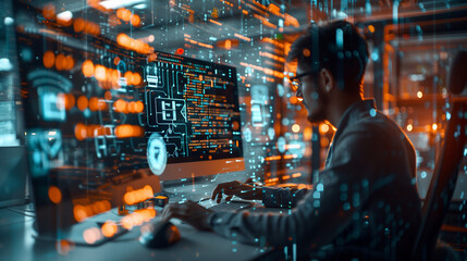 showcasing a coder at work on IoT integration using JavaScript. The workspace is enhanced with digital projections of code and electronic schematics, reflecting the synthesis of pr