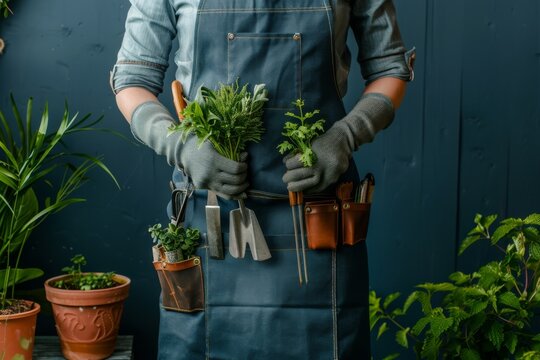 A person wearing an apron and holding gardening tools, indicating their profession as a gardener. 
