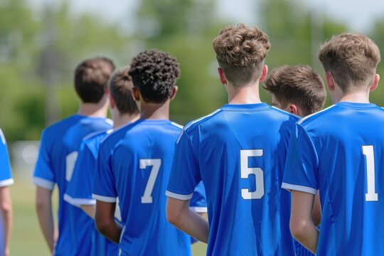 Soccer Team in Blue Jerseys Lined Up