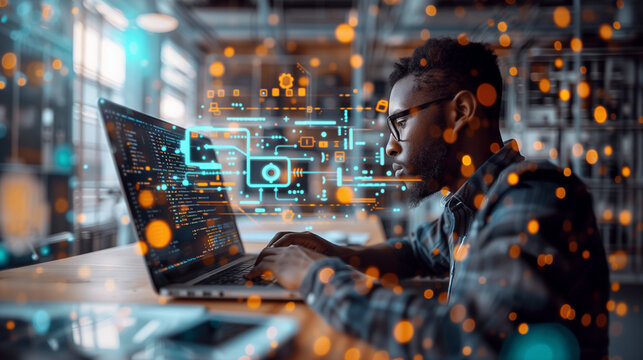 a programmer coding for IoT devices on his laptop, with JavaScript code and circuit diagrams floating on the virtual screen around him. This visual captures the essence of software