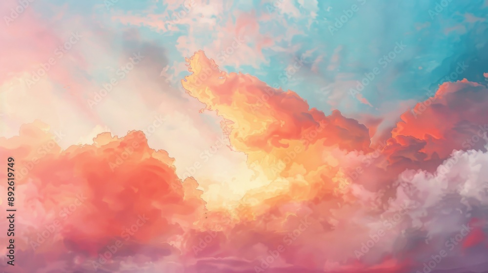 Poster artistic rendering of a sunset sky with blended colors and soft clouds, serene and abstract