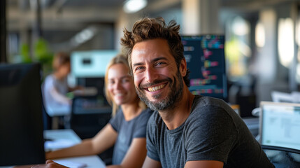 a mid-20s male developer smiles to the camera, exuding positivity, while his female coworker remains focused on her tasks, illustrating effective teamwork in a software development
