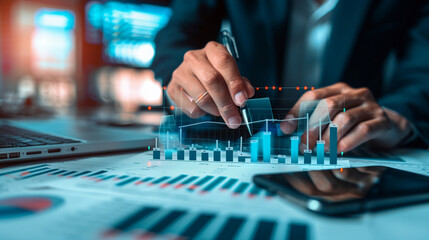 Fototapeta premium Business data and stock market analysis currency exchange. Businessman analyzing financial graph