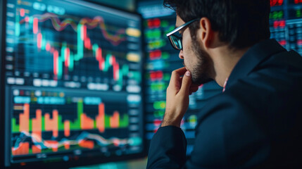 Obraz premium Business data and stock market analysis currency exchange. Businessman analyzing financial graph