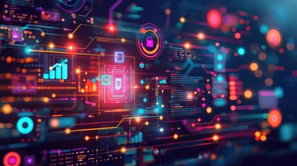 Obraz premium Abstract image of marketing technology tools and software interfaces with digital icons and data flows