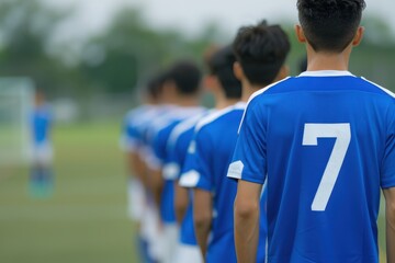 Soccer Players Lined Up in Blue Jerseys