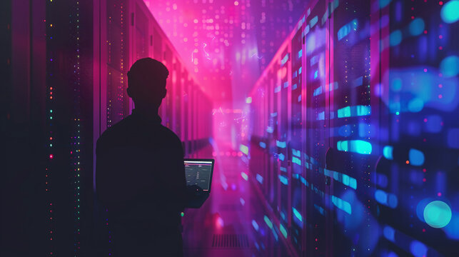 Computer engineer working on laptop computer with server room data center