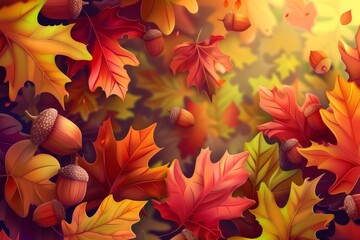 A vibrant autumn background with colorful leaves and acorns scattered across the ground. Illustration --ar 3:2 --style raw Job ID: 9b9646c1-d7a0-4602-bd84-d2dc211d45e6