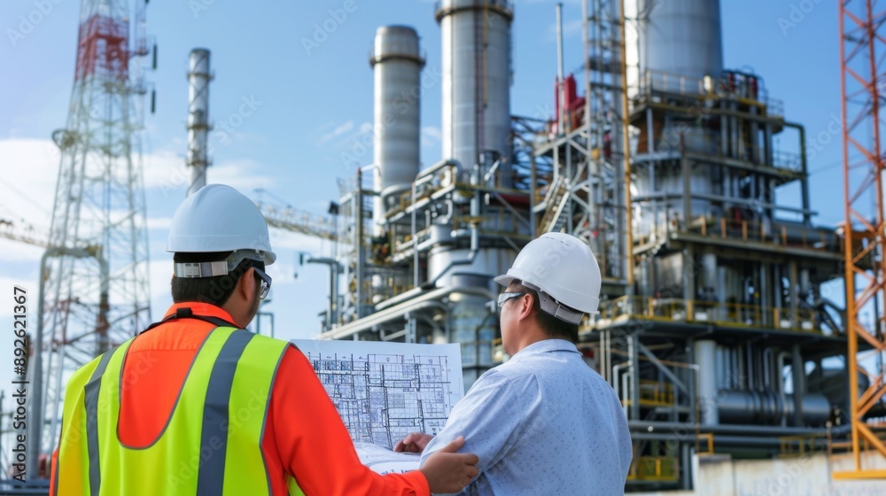 Aufkleber Engineers discussing a blueprint in front of a power plant, planning for efficient energy solutions and upgrades