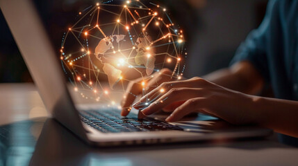 Technical support customer service concept software engineer using laptop computer with customer support and global network