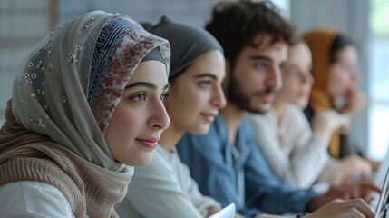Side view of Hijab girl working on office desk.