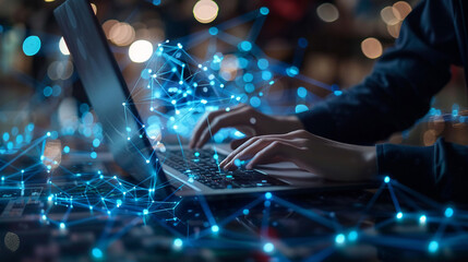 Technical support customer service concept software engineer using laptop computer with customer support and global network