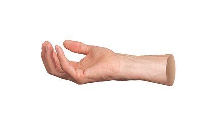 Hand reaching out, open cup-shaped palm holding something, gesture isolated on white background.