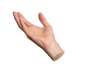Hand reaching out, palm holding, showing something, gesture isolated on white background.
