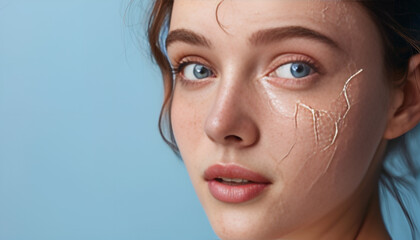Beautiful young woman with dry skin on light blue background, closeup