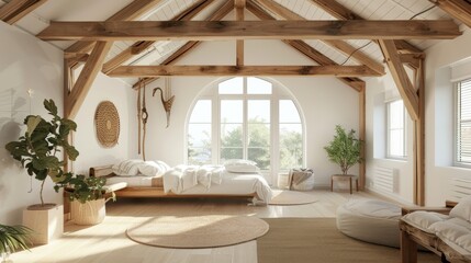 Bright and airy loft bedroom with high ceilings, wooden beams, and minimalist decor.