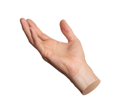 Hand reaching out, palm holding, showing something, gesture isolated on white background.