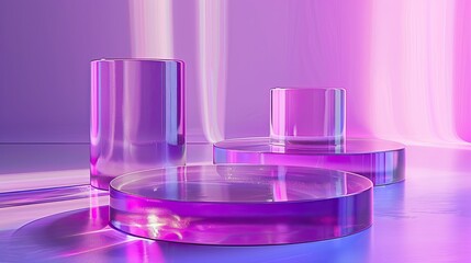 Iridescent Purple Modern Podium with Chromatic Aberration Effect for Displaying Cosmetics.