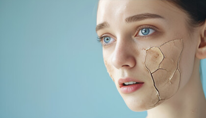 Beautiful young woman with dry skin on light blue background, closeup
