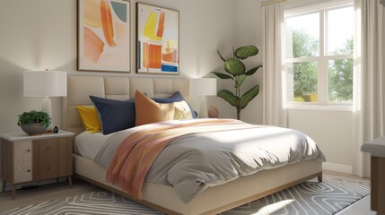 Fototapeta premium Bright modern bedroom with a statement headboard, stylish bedding, and abstract artwork.
