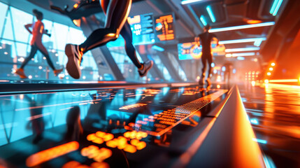 Fototapeta premium Dynamic runners in a modern gym, showcasing advanced treadmill technology, illuminated by vibrant neon lights and energetic atmosphere
