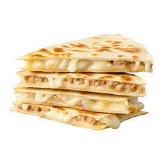 Isolated Quesadilla Stacked with Melted Cheese and Chicken Filling.