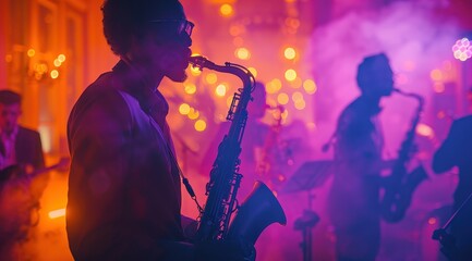 A group of musicians playing saxophone and trumpets in silhouette against the backdrop of purple lights on stage