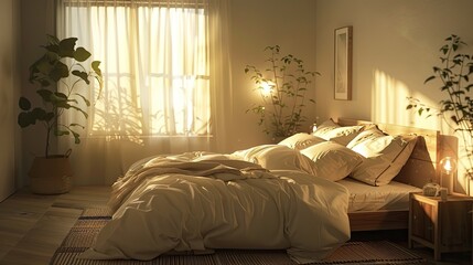 Fototapeta premium Cozy Muji style bedroom with natural wood furniture, neutral tones, and soft lighting.
