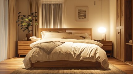 Cozy Muji style bedroom with natural wood furniture, neutral tones, and soft lighting.