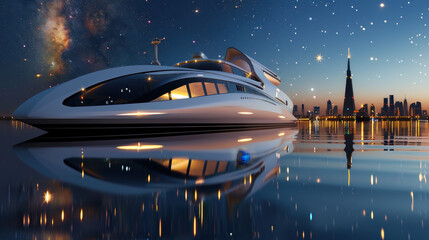 Obraz premium Luxury yacht gliding on tranquil water under a starry night sky with a modern city skyline in the background