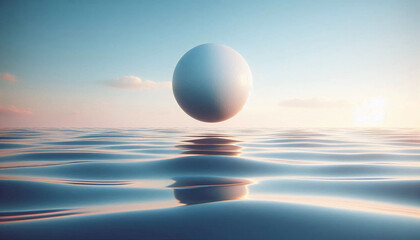 Floating sphere over a flat body of water with sky background