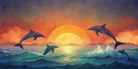 Dolphin Pod Leaping at Sunset as Wallpaper or Poster Design