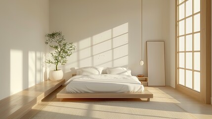 Simple Muji style bedroom with minimalist decor, clean lines, and a calming atmosphere.
