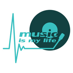 Music is my Life Pulse Frequency Heartbeat Vinyl Record Plate Club DJ Party Letters Saying Quote Text Clef Note French Violin Treble Musical Bass Instrument Sound Love Icon Symbol Design