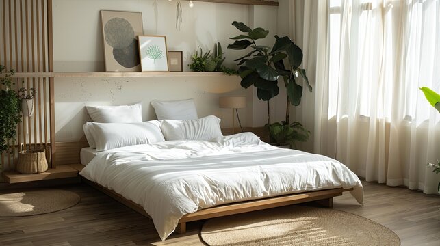 Simple Muji style bedroom with minimalist decor, clean lines, and a calming atmosphere.